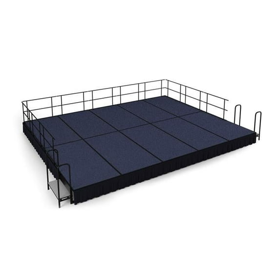 National Public Seating SG481610C-04-SS10 16 x 20 ft. Blue Carpet Stage with Black Shirred Pleat Skirting, 16 in. Height