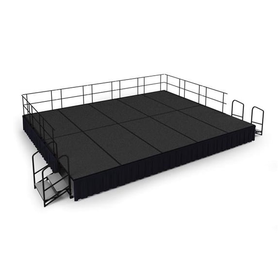 National Public Seating SG482410C-02-SS10 16 x 20 ft. Grey Carpet Stage with Black Shirred Pleat Skirting, 24 in. Height