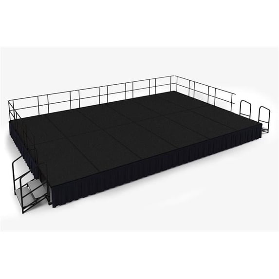 National Public Seating SG482412C-10-SS10 16 x 24 ft. Black Carpet Stage with Black Shirred Pleat Skirting, 24 in. Height