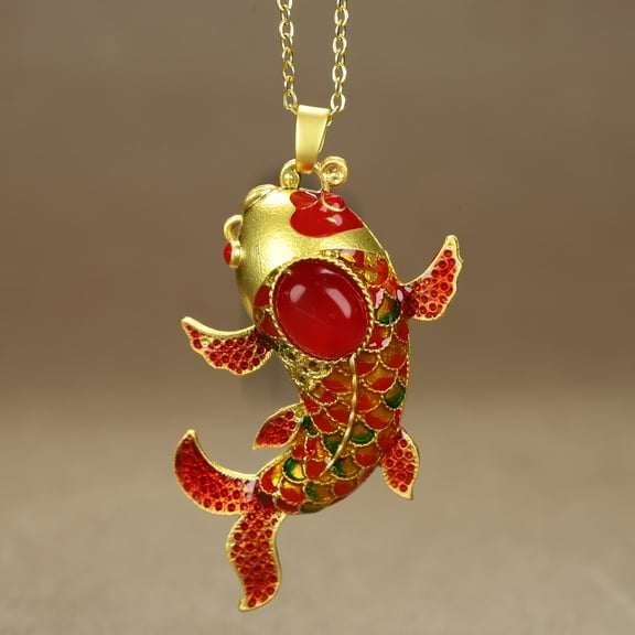 National Style Good Luck Koi Fish Jumping Over The Dragon Gate, Carp Clavicle Chain Pendant Accessory,Red