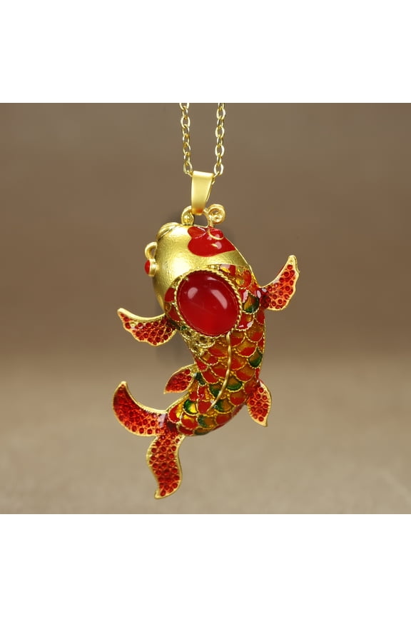 National Style Good Luck Koi Fish Jumping Over The Dragon Gate, Carp Clavicle Chain Pendant Accessory,Red