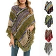 thumbnail image 1 of National Style Print Poncho with Fringe Detail Knitted Wrap and Cape in Colorful Block Design, 1 of 5
