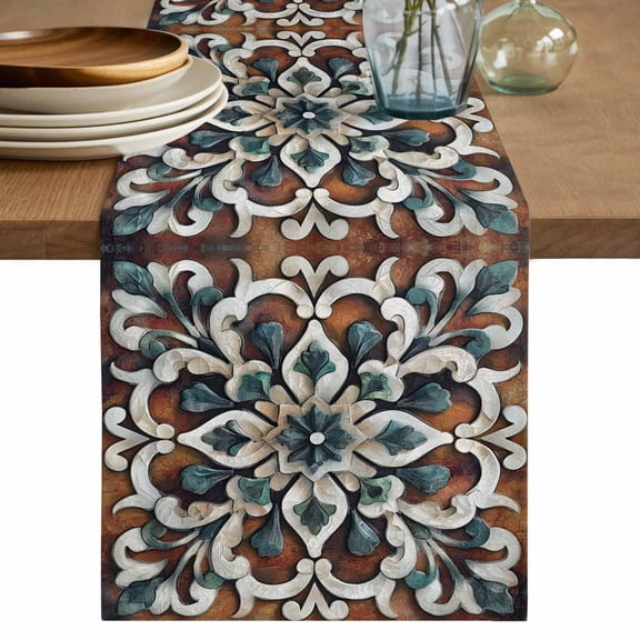 National Style Table Runner, Impressionist Green Gary Flowers Cotton Linen Kitchen Table Decoration Washable Dining Tabletop Runners for Home Party Decor 13x36 Inches