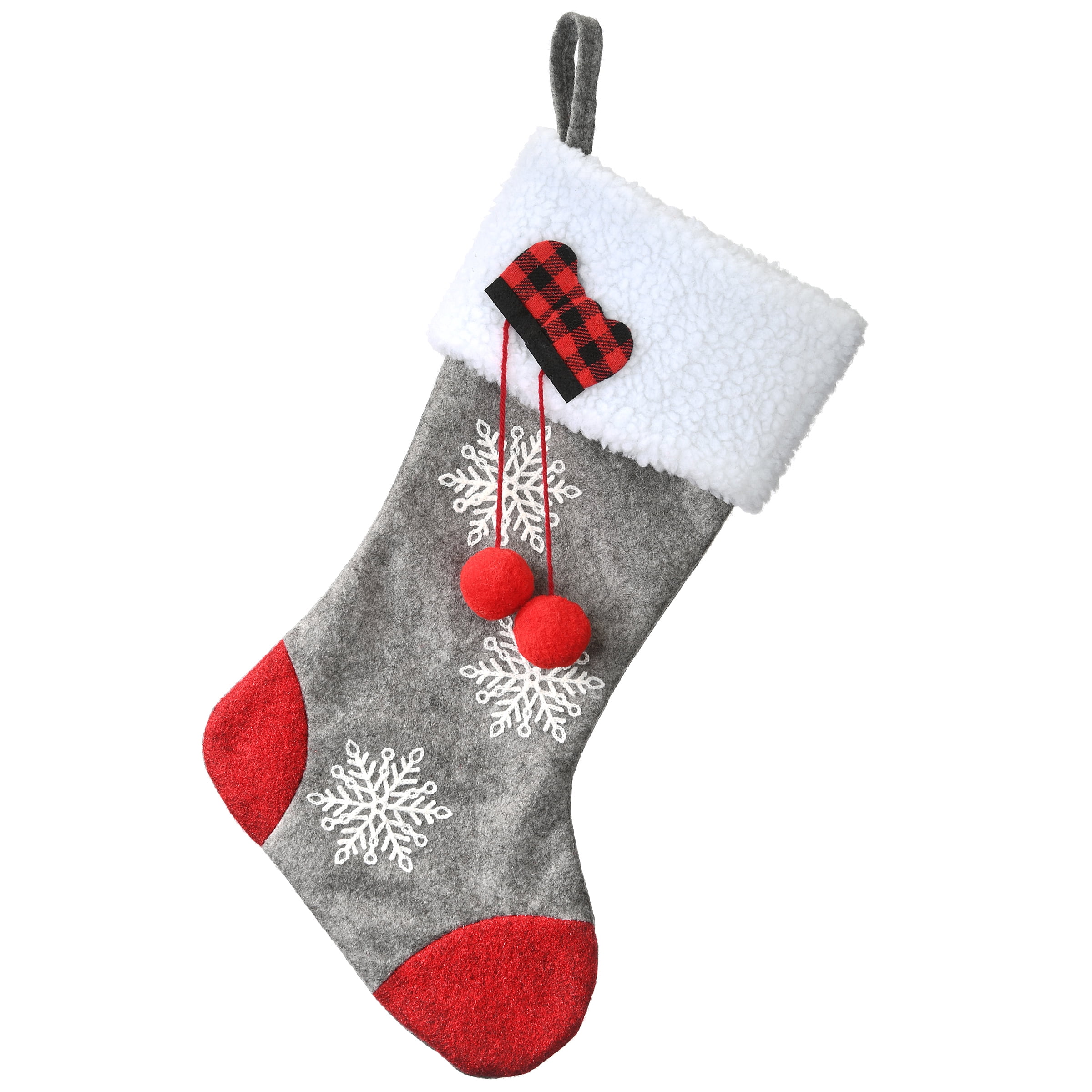 18" Gray and Red Christmas Stocking with Snowflakes and Plaid Mittens