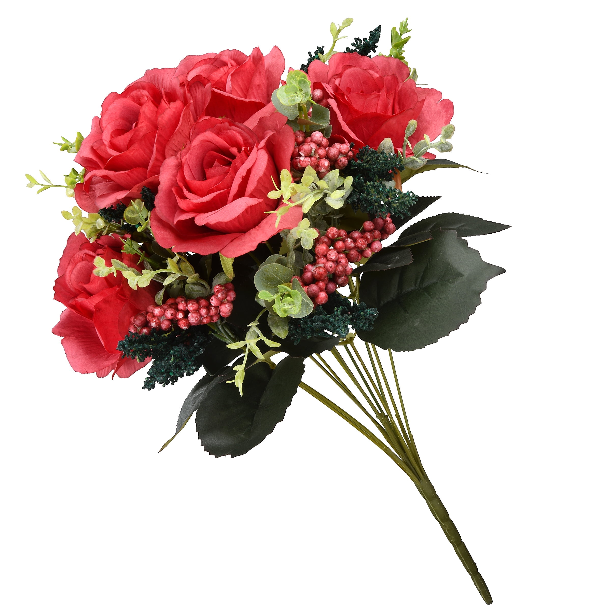 19" Red Artificial Rose Bundle with Green Leaves