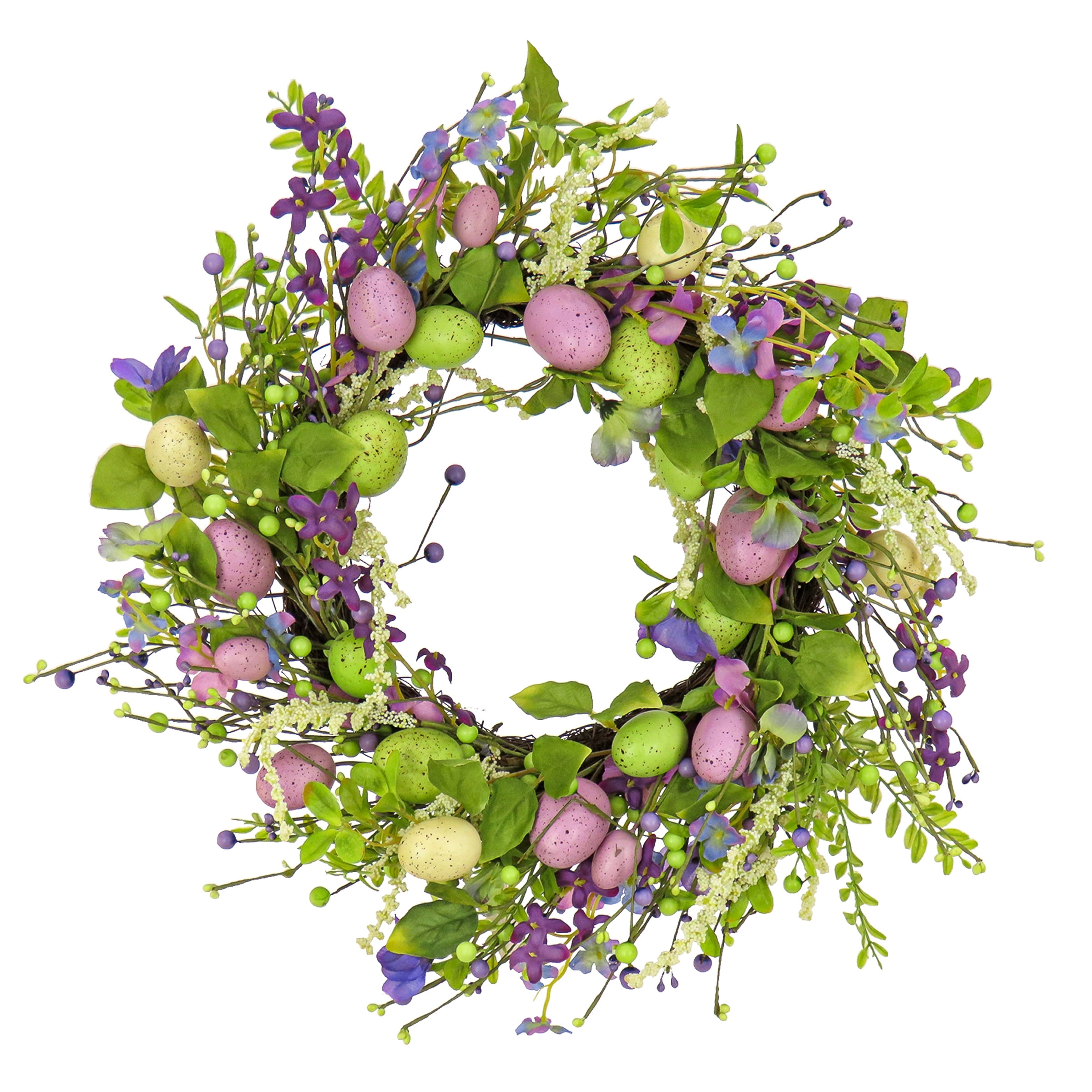 National Tree Company 20 Artificial Spring Wreath, Woven Branch Base,  Decorated with Purple Flower Blooms, Pastel Eggs, Berries