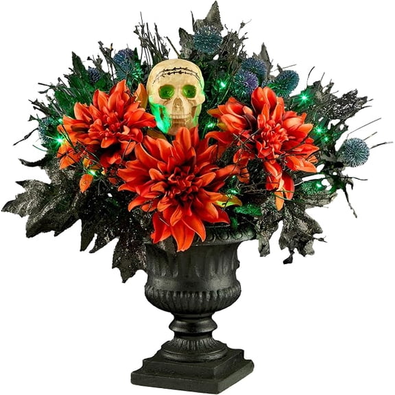 "National Tree Company, 20inch Artificial Boo-Tiful Halloween Urn with Orange Florals and White Skull, 30 Green LED Lights, "