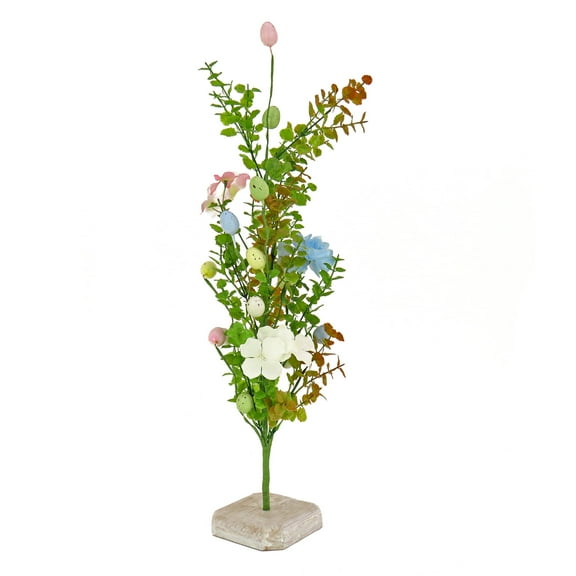 24 in. Easter Decoration Tree with Pastel Eggs, Flower Blooms, and Wooden Block Base