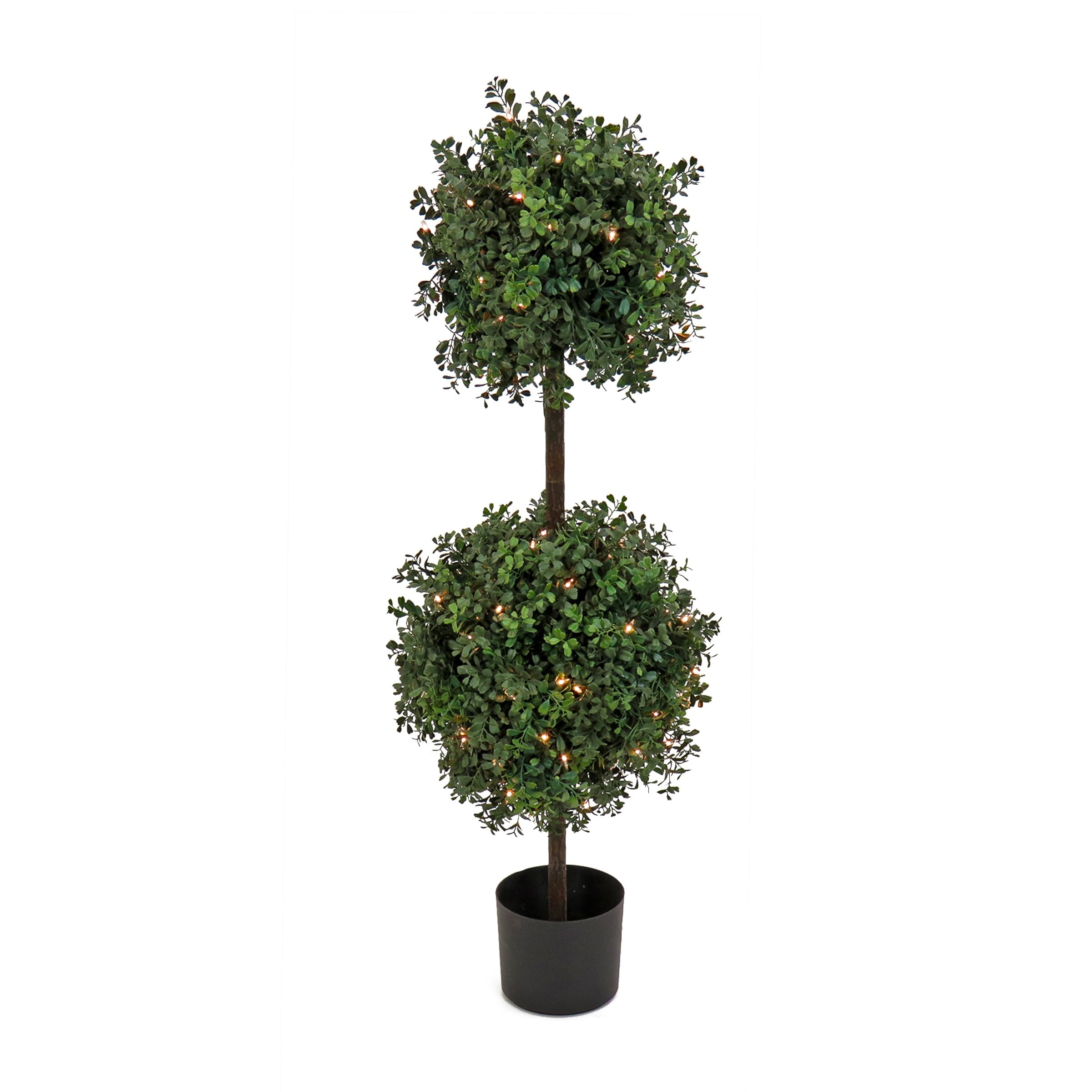 46" Green Plastic Boxwood Double Ball Topiary with Clear Lights