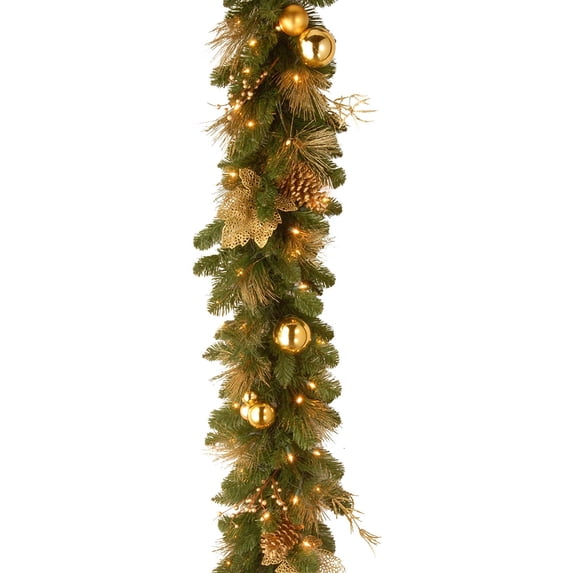 6' x 12" Decorative Collection Elegance Garland with Berries, Pine Cones and Gold Leaves with Battery Operated LEDs with Timer