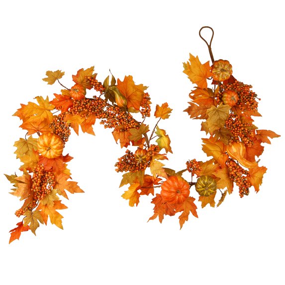 National Tree Company Artificial Autumn Garland, Orange, Made with Pumpkins, Gourds, Maple Leaves, Berry Clusters, Autumn Collection, 5.8 ft