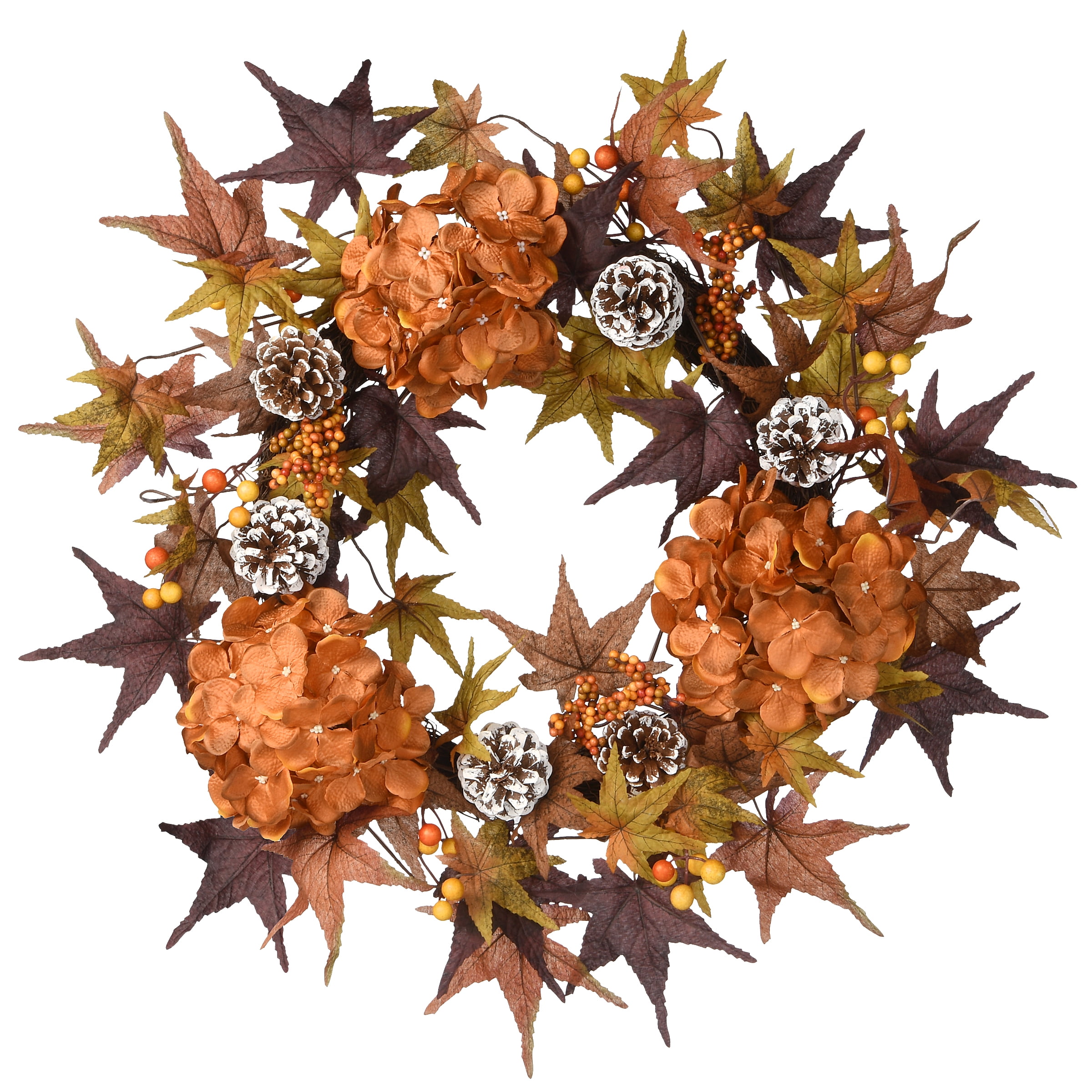 24" Orange and Brown Artificial Autumn Wreath with Pinecones and Hydrangeas