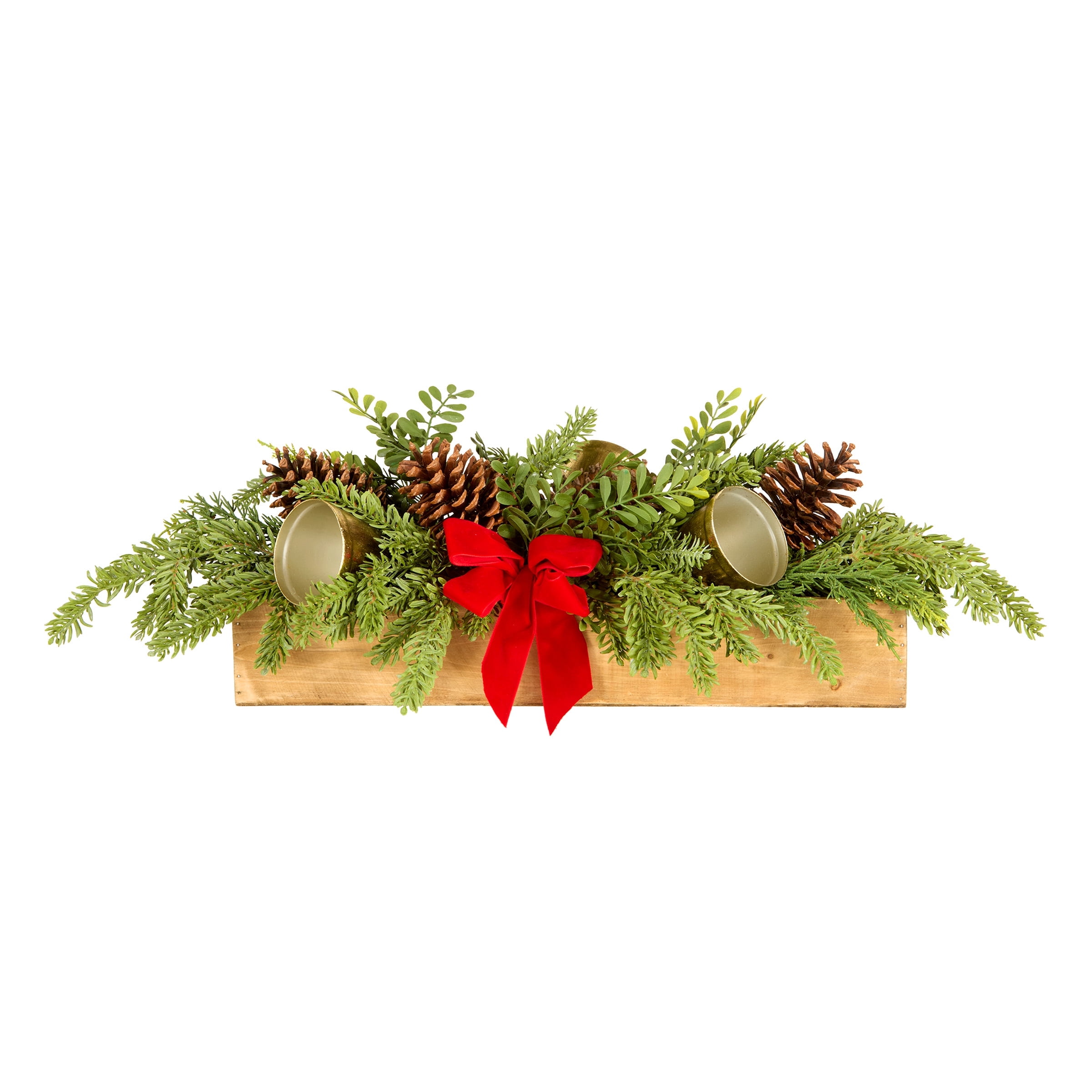 27 in. Artificial Christmas Centerpiece, Green, Christmas Bells, Pine Cones, Red Velvet Bow