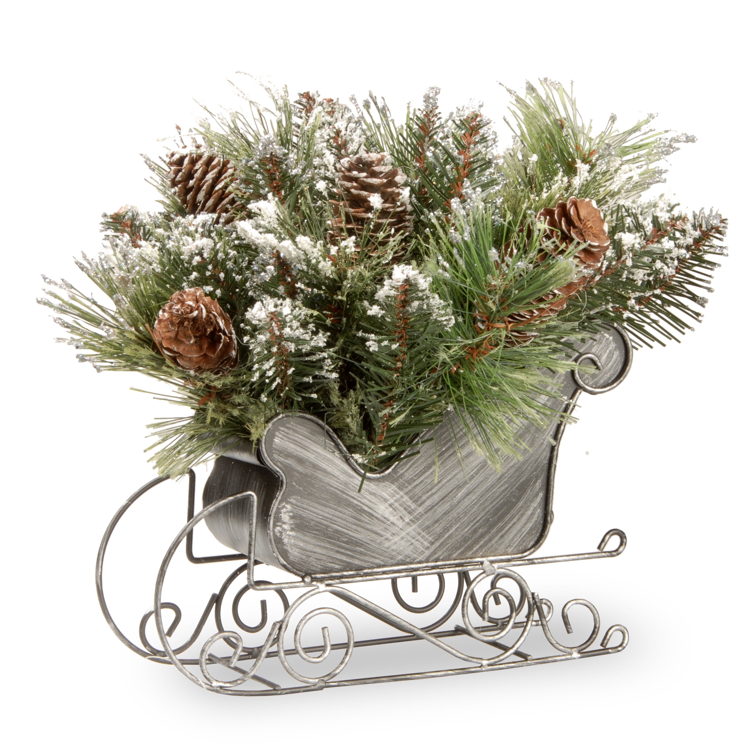National Tree Company Artificial Christmas Sleigh Centerpiece, Green, Glittery Bristle® Pine, Pine Cones, Silver Glitter Bristle, 10 Inch