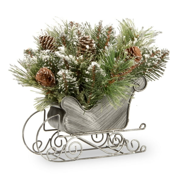National Tree Company Artificial Christmas Sleigh Centerpiece, Green, Glittery Bristle® Pine, Pine Cones, Silver Glitter Bristle, 10 Inch