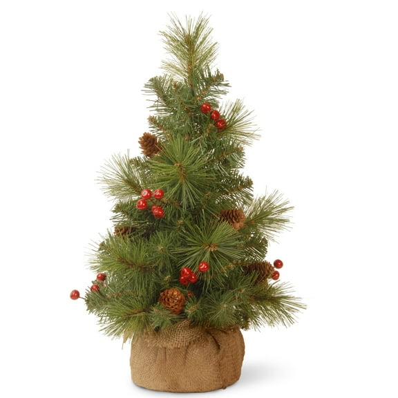 National Tree Company Artificial Christmas Tabletop Tree, Green, Everyday Collection, Pine Cones, Red Berries, Burlap Bag Base, 18 Inch