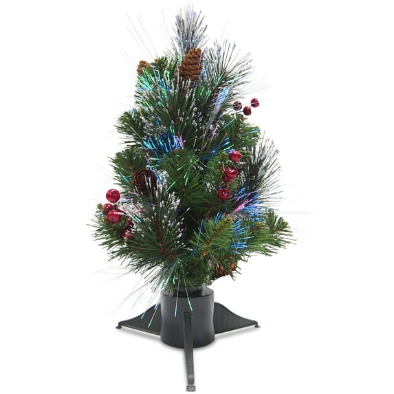 National Tree Company Artificial Christmas Tree, Green, Fiber Optic Ice Crestwood® Spruce, Silver Glitter Bristle, Pine Cones, Red Berries, LED Lights, Battery Operated, Includes Base, 18 Inch
