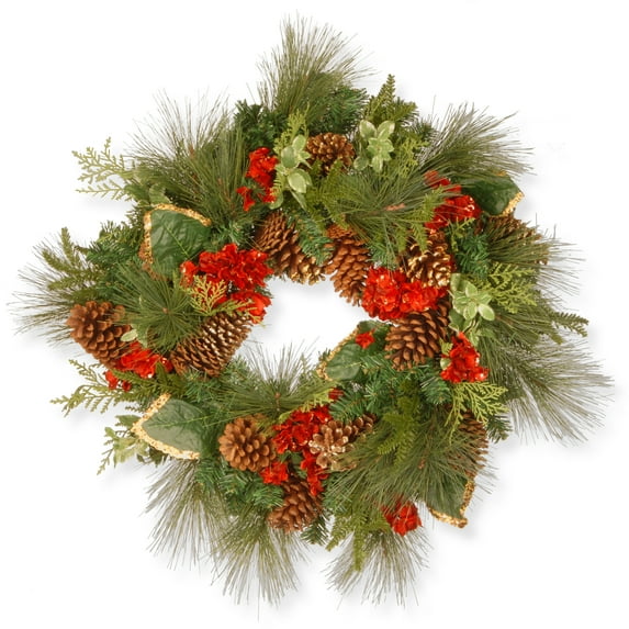 National Tree Company Artificial Christmas Wreath, Green, Hydrangea Pine, Decorated with Pine Cones, Hydrangeas, Christmas Collection, 27 Inches