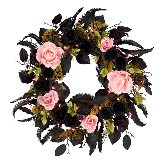 24 in. Artificial Cute and Creep Halloween Wreath, 40 Pink LED Lights, Battery Operated, Timer