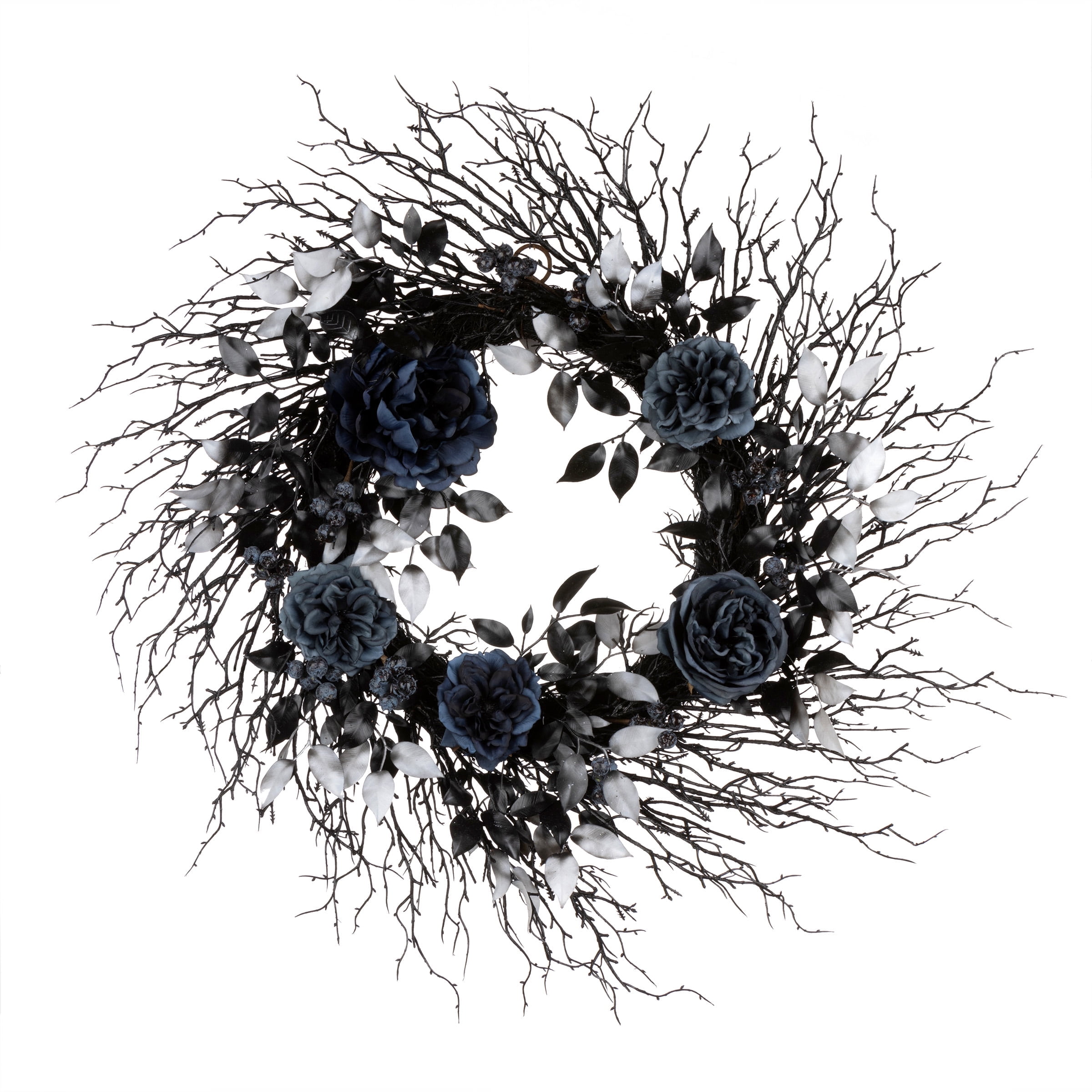 24 in. Artificial Deadwood and Roses Wreath, Black