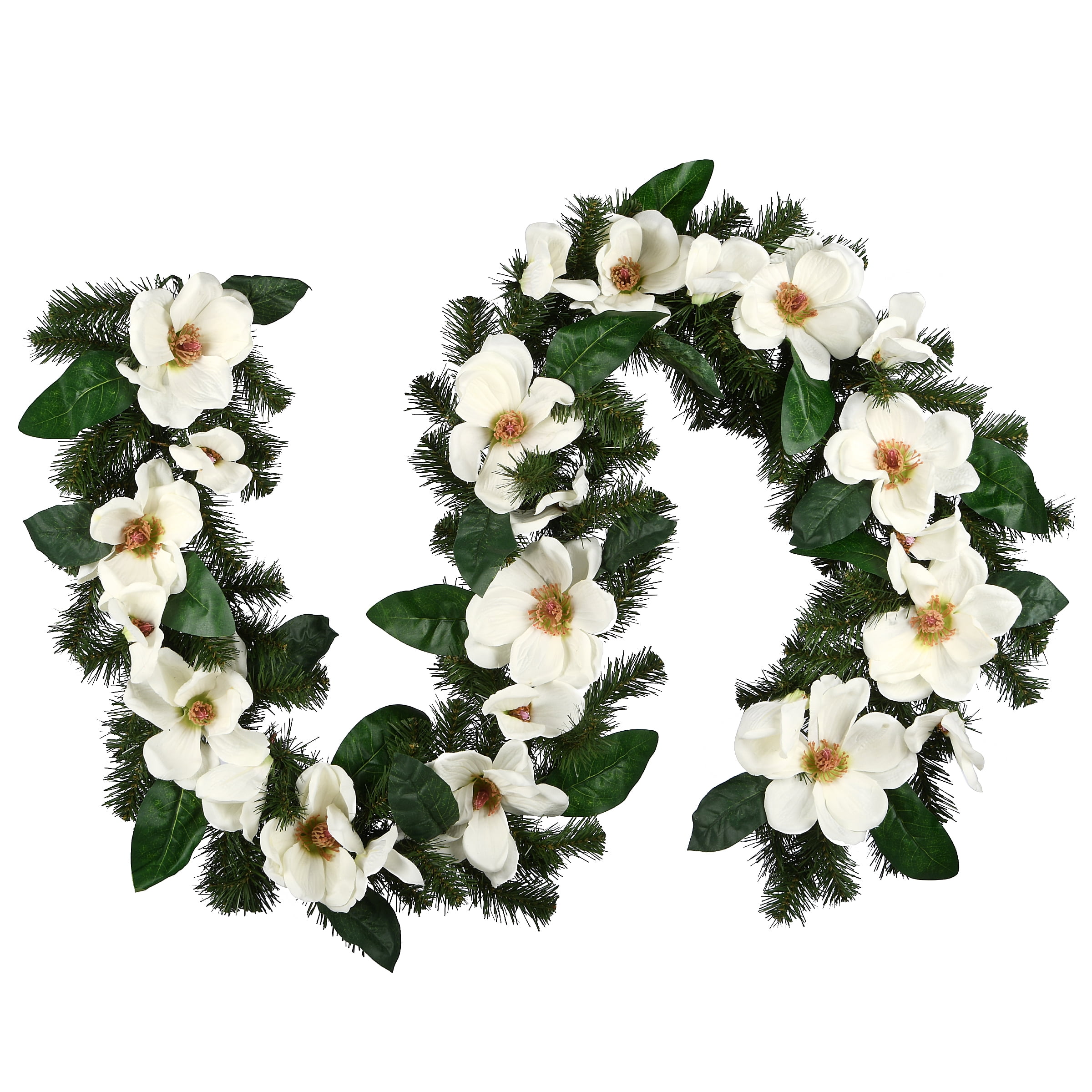 6 ft Green Spruce Garland with White Magnolia Flowers