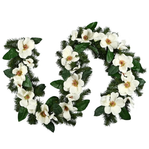 National Tree Company Artificial Garland, Green, North Valley® Spruce, White Magnolia Flower Blooms, 6 Feet