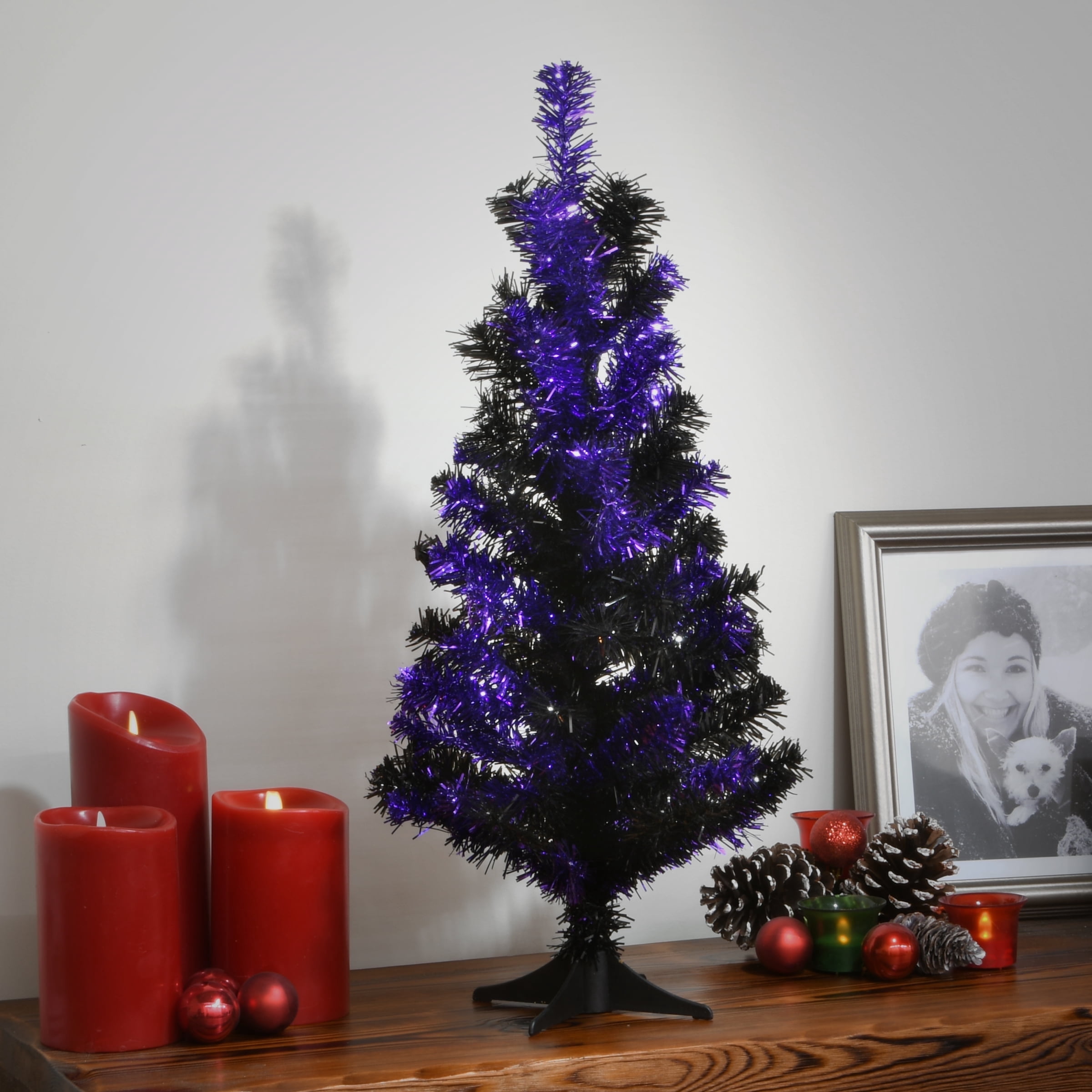 National Tree Company 2 ft. Artificial Halloween Tree, Black and Purple, Tinsel, Unlit, Icludes Stand