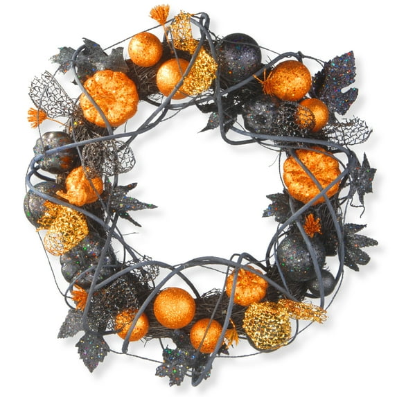 National Tree Company Artificial Halloween Wreath, Black, Vine, Black and Orange Glittered Pumpkins, Balls, Leaves, Ribbon, Unlit, 20 Inch