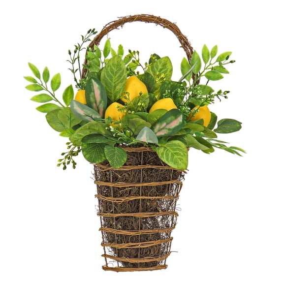 21 in. Artificial Hanging Wall Basket, Wicker Base, Decorated with Lemons, Seed Pods, Leafy Greens