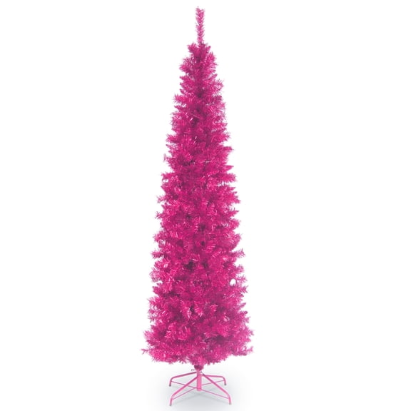 National Tree Company 7 ft. Artificial Pencil Slim Christmas Tree, Pink, Tinsel, Includes Stand