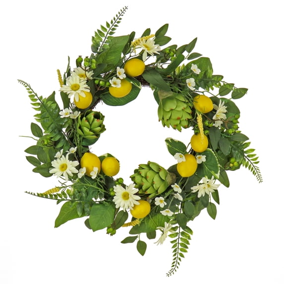 National Tree Company Artificial Spring Wreath, Woven Branch Base, Decorated with Lemons, Artichokes, Daisy Blooms, Leafy Greens, Spring Collection, 22 Inches