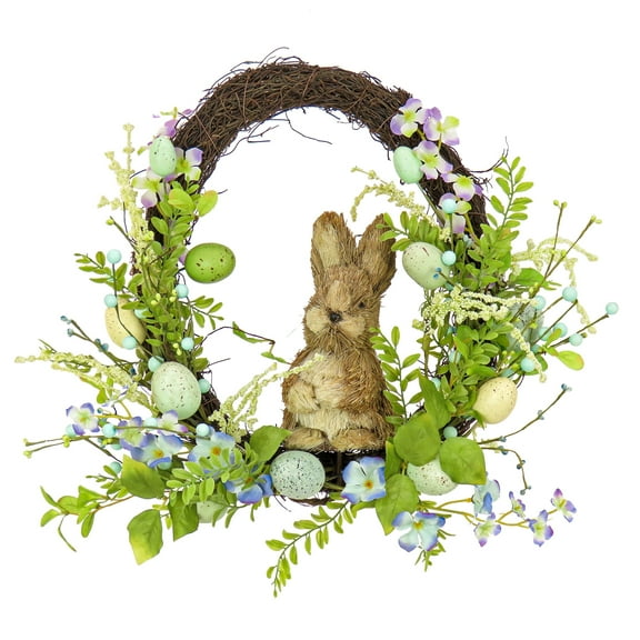 National Tree Company 16 inch Artificial Easter Wreath Decorated with Wooden Bunny, Blue Flower Blooms, Pastel Eggs, Berries, Indoor or Covered Outdoor Easter Decoration