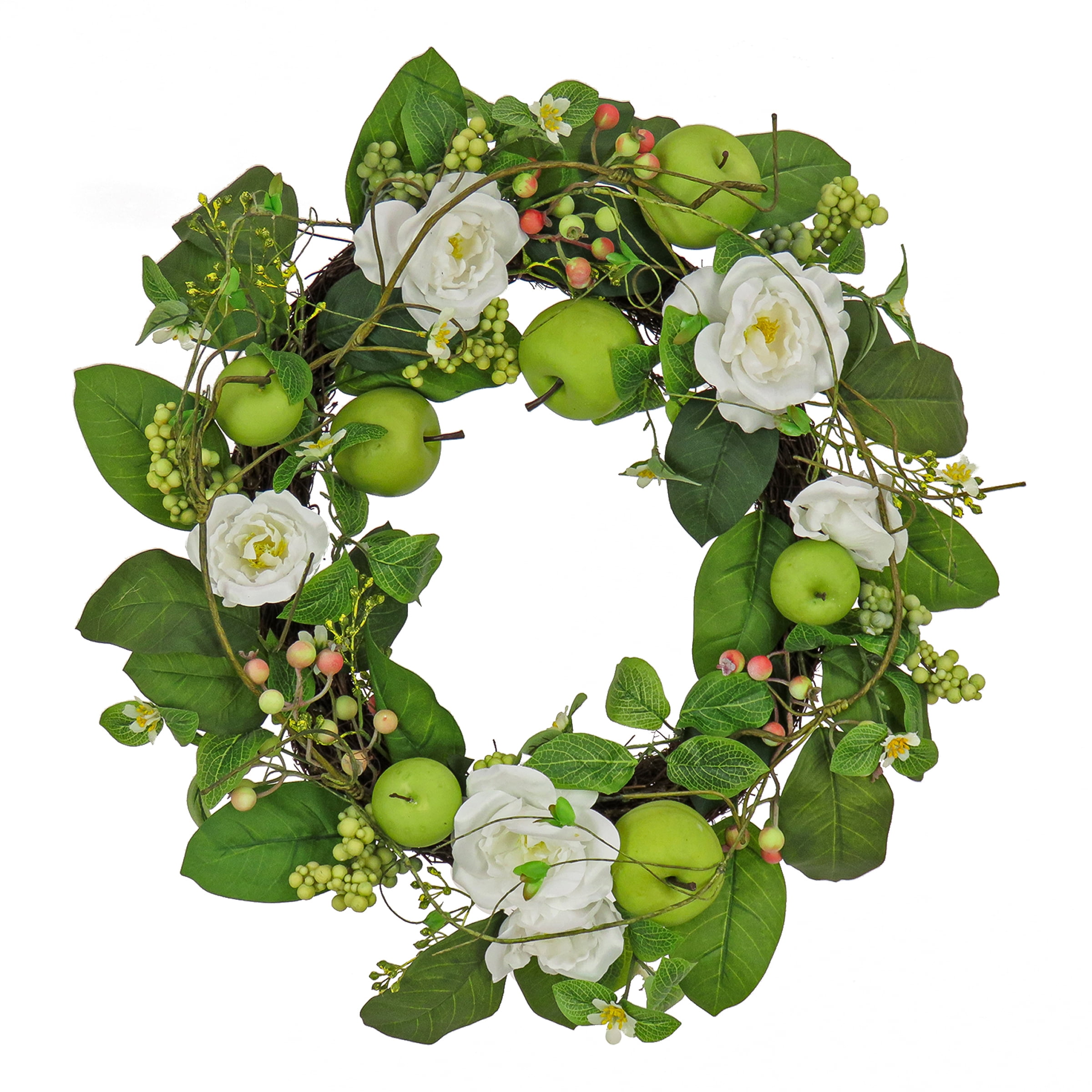 24" Green and White Artificial Rose and Apple Spring Wreath