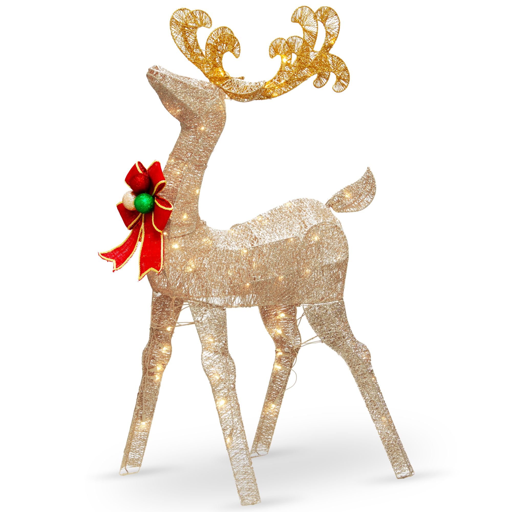 48" Prelit Crystal Splendor Champagne Reindeer with Red Bow