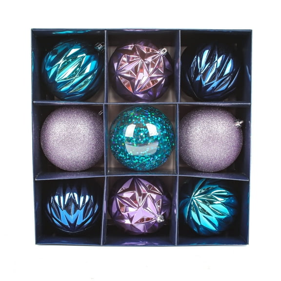 Christmas Ornaments, Blue and Lavender, Ball Ornaments, Glittered, 4 inches (Set of 9)