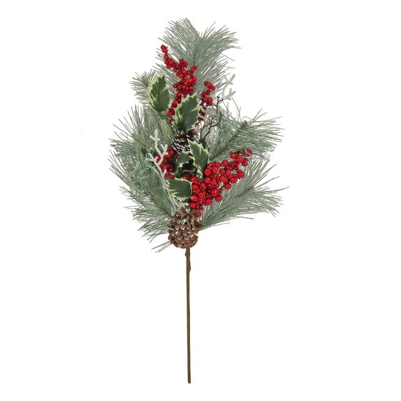 30 in. Christmas Spray Pick, Green, Pine Cones, Red Berries, Holly Leaves