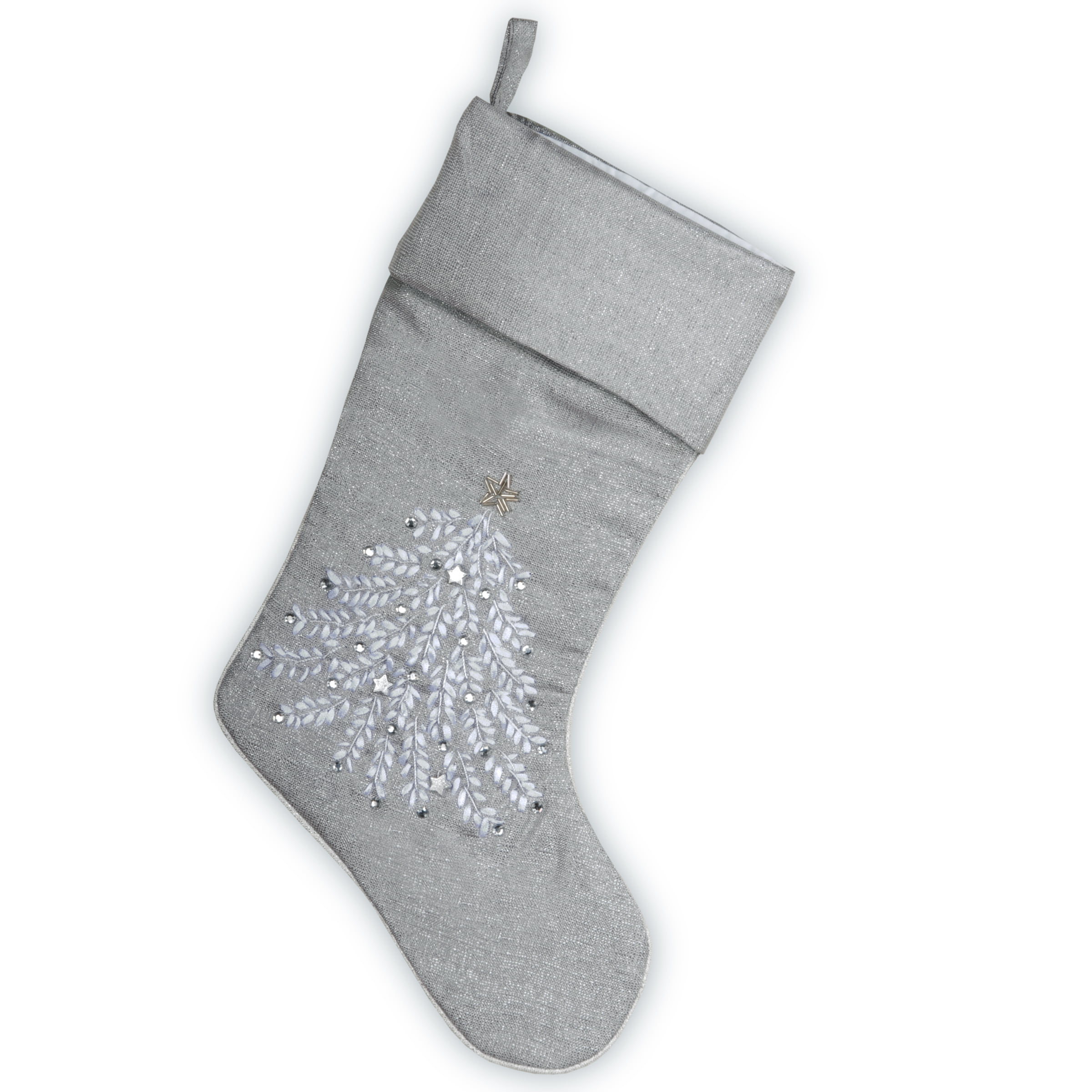 19" Silver Polyester Christmas Stocking with Embroidered Tree