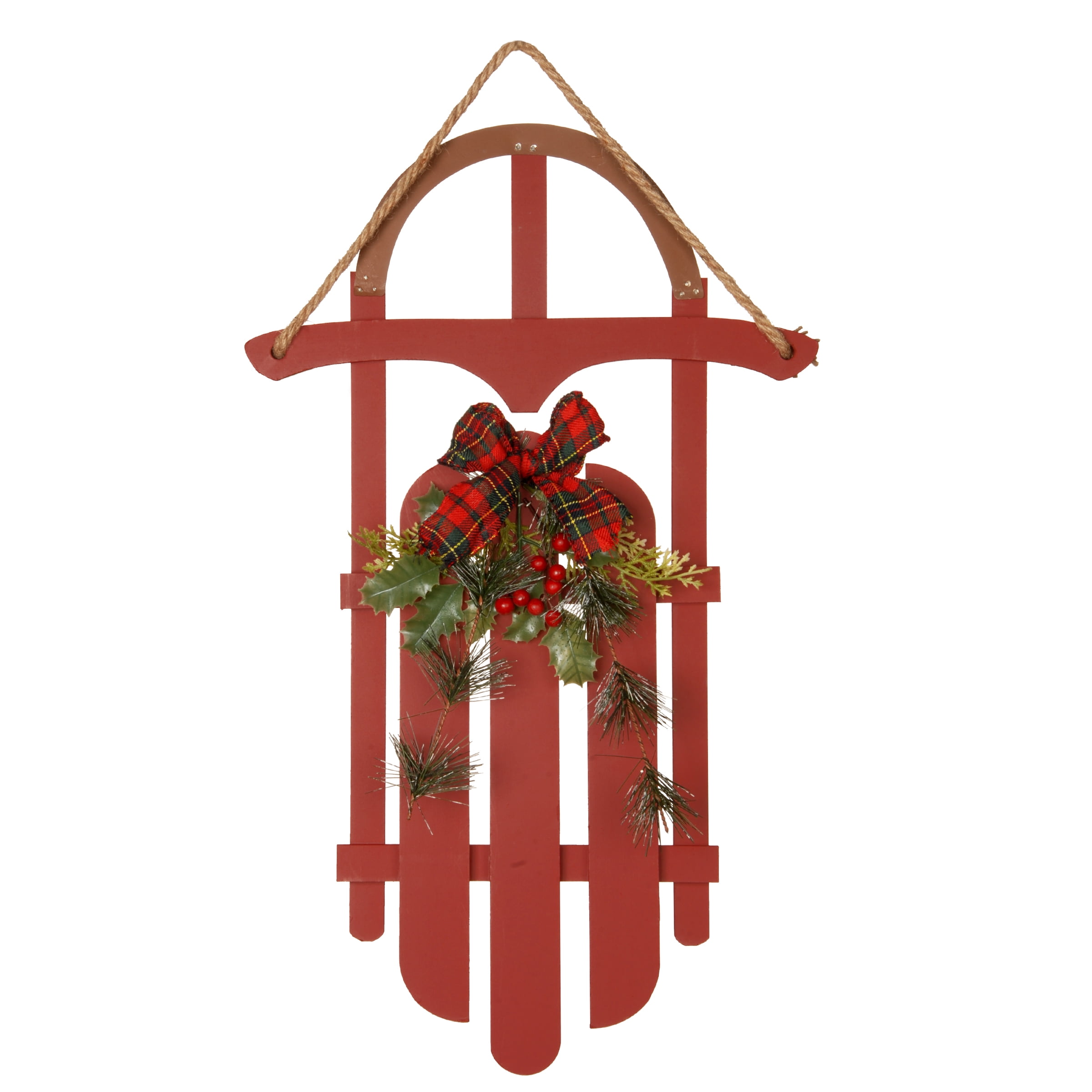 National Tree Company Christmas Wall Decoration, Red, Wooden, Sleigh, Plaid Bow, Holly Leaves and Red Berries, Hanging Loop, 22 Inch