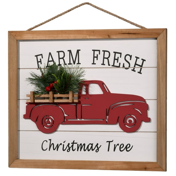 15 in. Christmas Wall Sign, Wooden, Farm Fresh Christmas Tree, Red Pick Up Truck, Hanging Loop