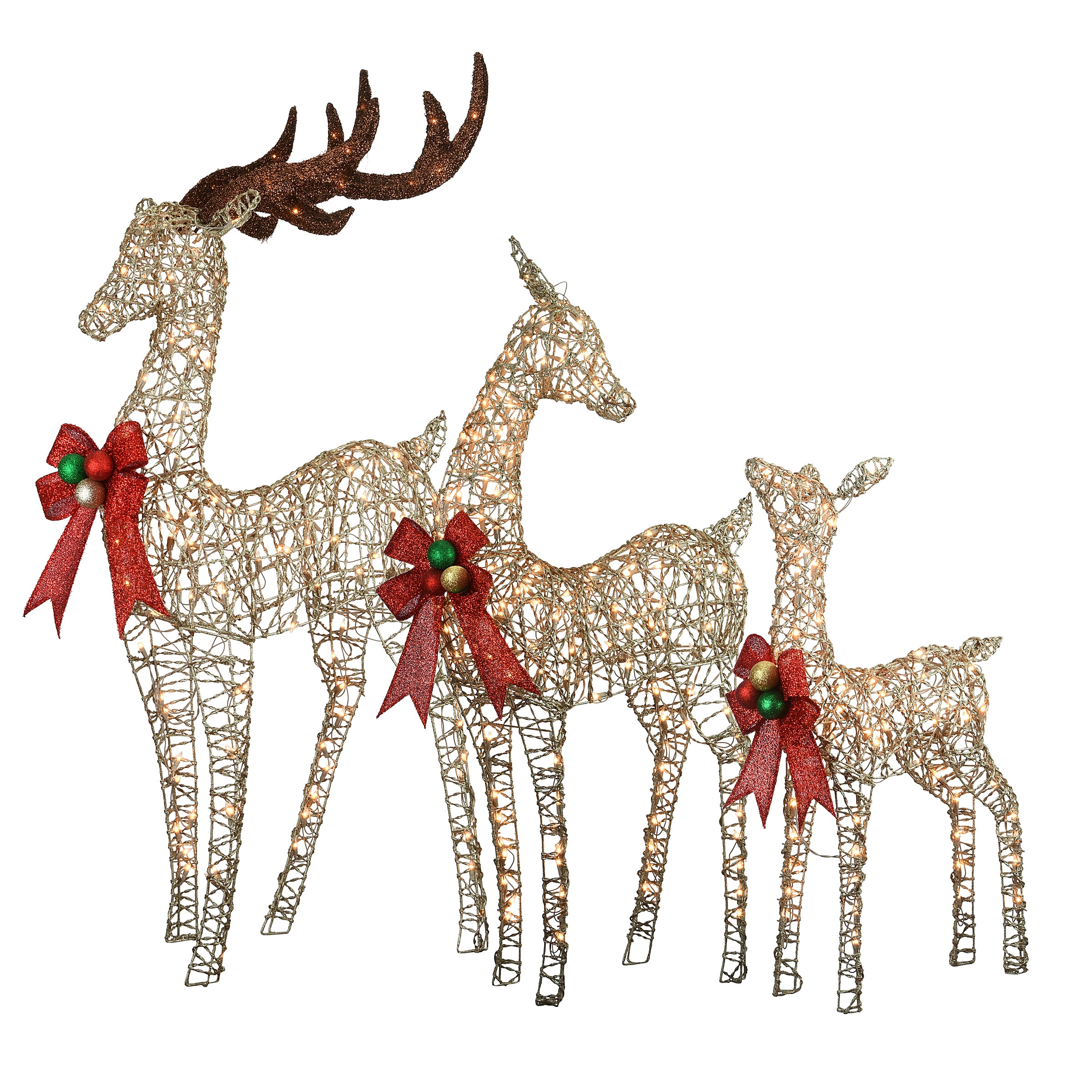 Champagne Glittered LED Deer Family with Red Ribbon Bows