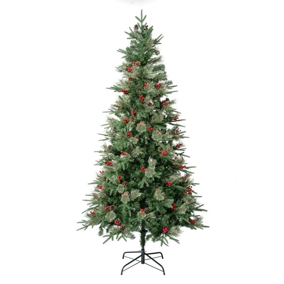 National Tree Company Feel Real® Artificial Christmas Tree, Green, Virginia Pine, Red Berries, Pine Cones, Includes Stand, 7.5 Feet