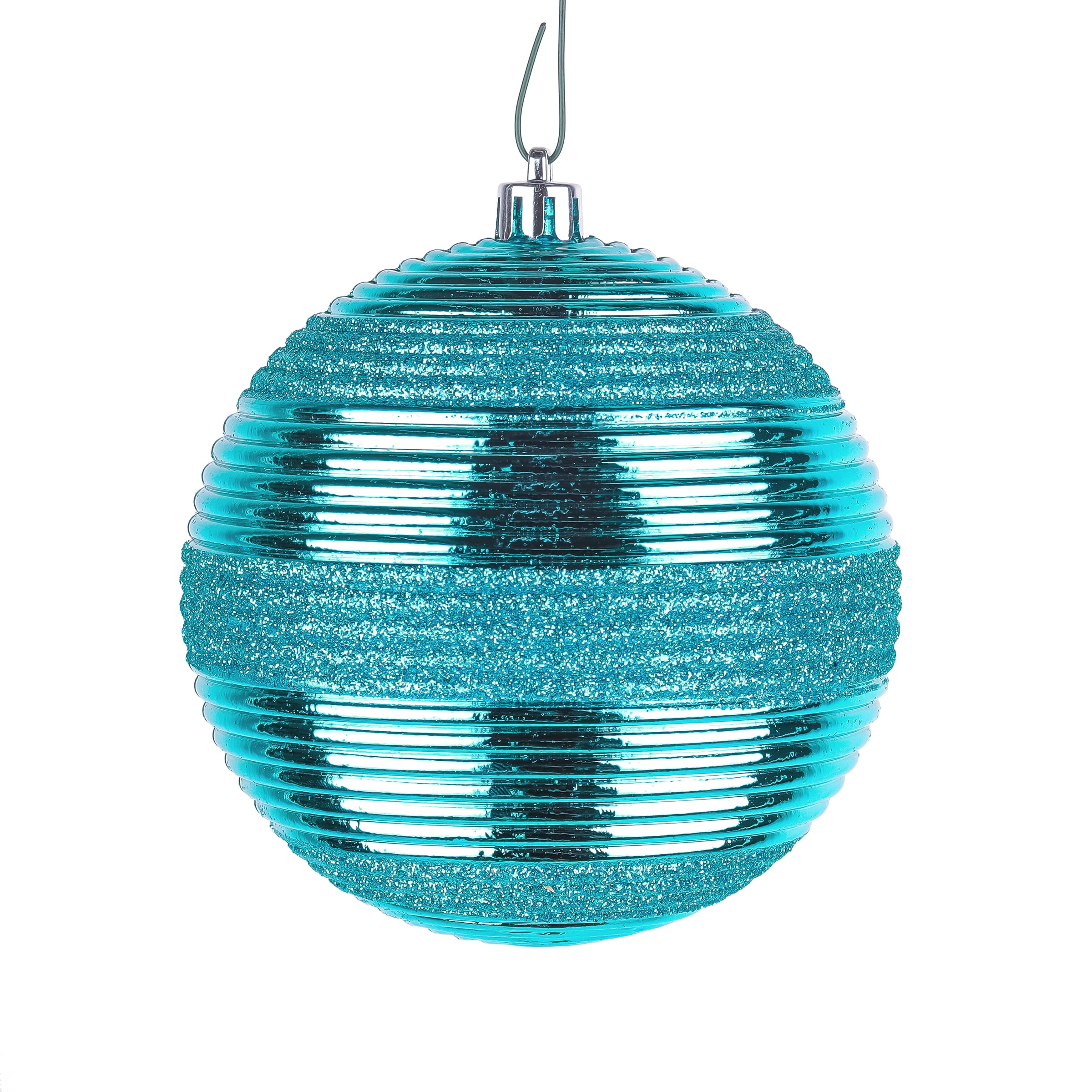 Turquoise Glitter Ribbed Shatterproof Ball Ornaments, Set of 4