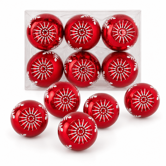 National Tree Company First Traditions Collection 3" Red Christmas Ball Ornament Set, Shatterproof Snowflake Bauble Ornaments-Set of 6