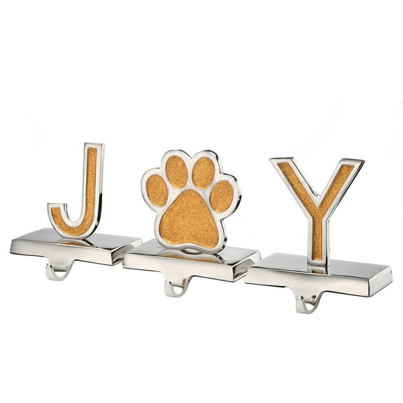 National Tree Company Gold Sparkle JOY Christmas Stocking Holders, Gold and Silver with Paw Print, 3 Pieces, 5 Inch