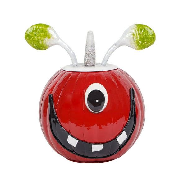 11 in. Halloween Decoration, Single Eye Metal Pumpkin with Gloss Finish, Red