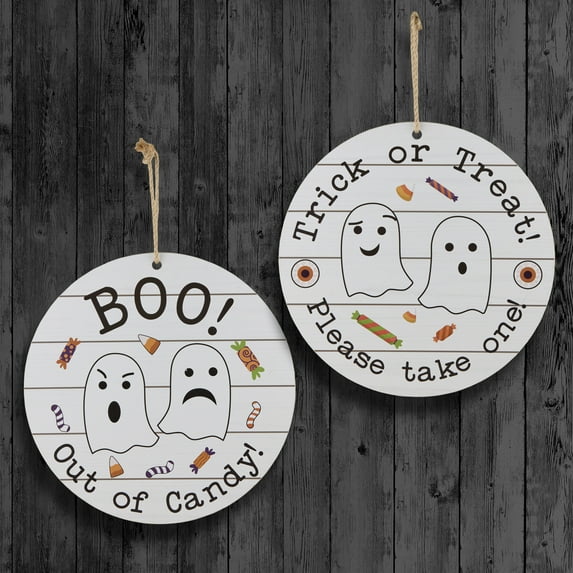 National Tree Company Halloween Hanging Double Sided Sign, White, Trick or Treat, Out of Candy, 12 Inch