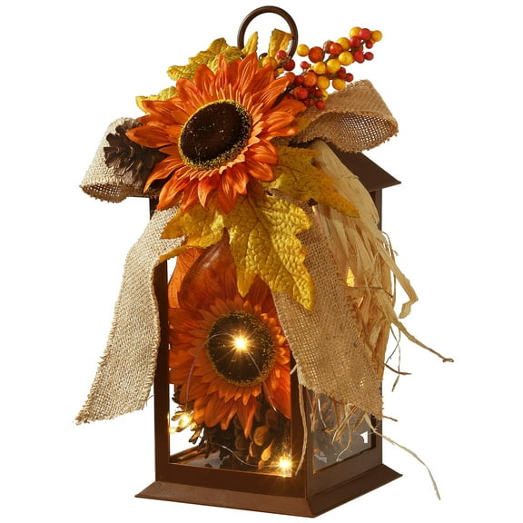 12 in. Harvest Lantern with LED Lights, Filled with Sunflower Blooms, Leaves, Pinecones, Berry Clust