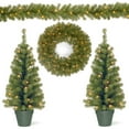 thumbnail image 1 of National Tree Company Pre-Lit Artificial Assortment, 2 Entrance Trees, 1 Wreath, 1 Garland, Green, Warm White Lights, Battery Operated, Timer, Plug In, Indoor or Outdoor Use., 1 of 4