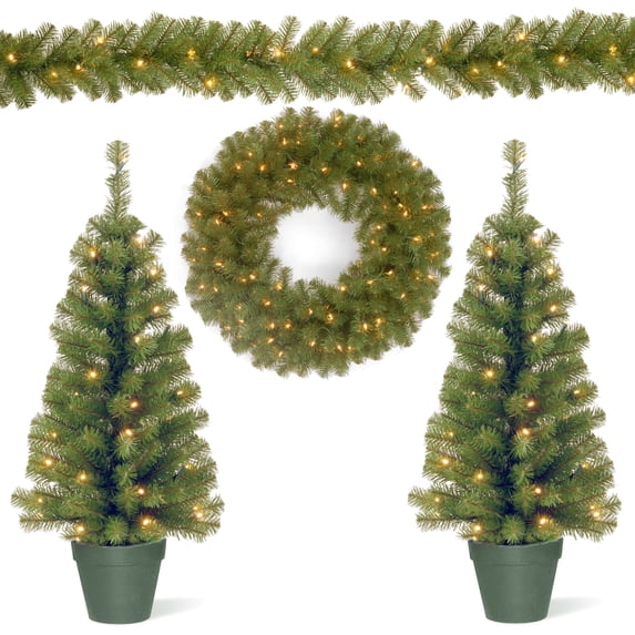 National Tree Company Pre-Lit Artificial Assortment, 2 Entrance Trees, 1 Wreath, 1 Garland, Green, Warm White Lights, Battery Operated, Timer, Plug In, Indoor or Outdoor Use.