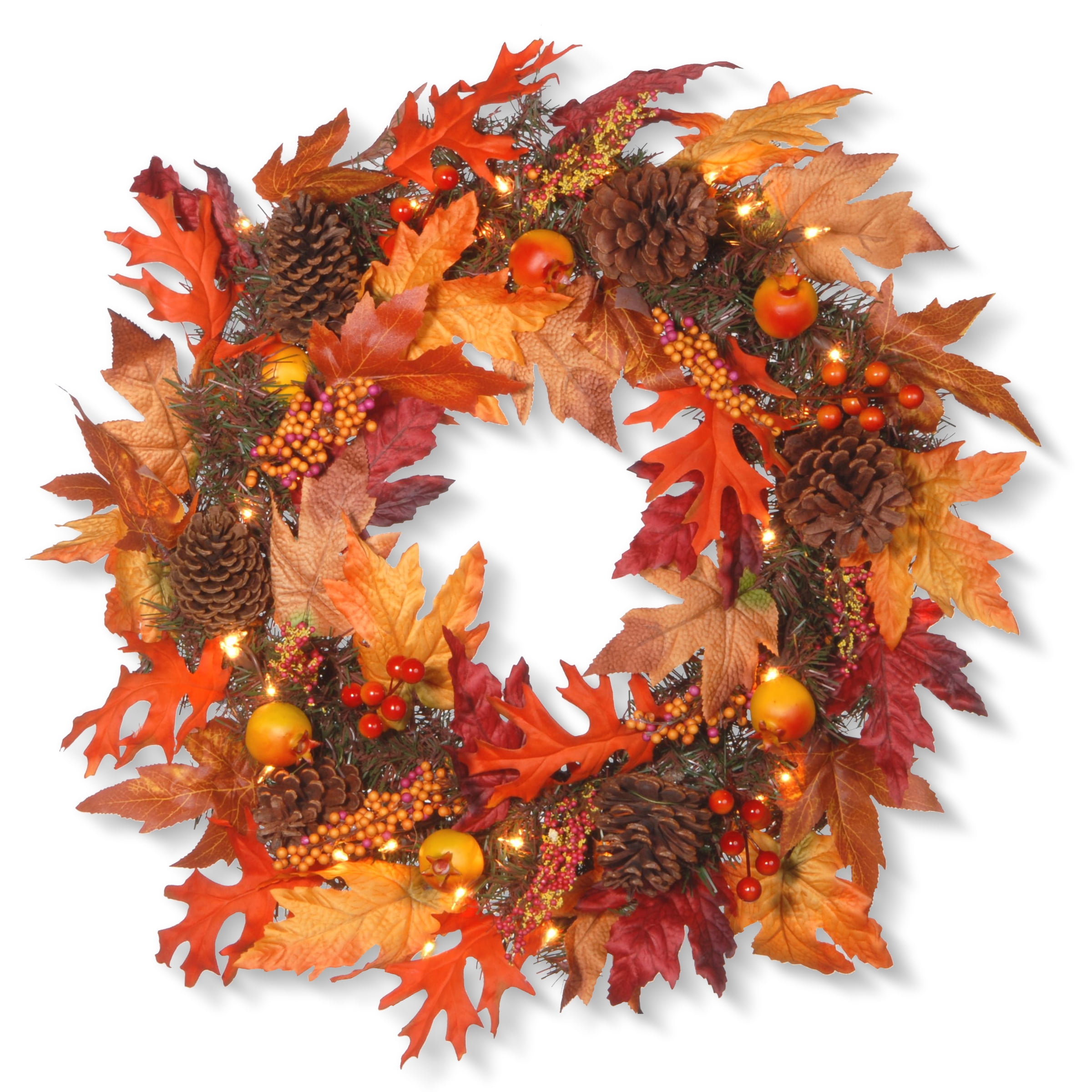 24" Orange Maple Leaf Wreath with Clear Lights and Pinecones
